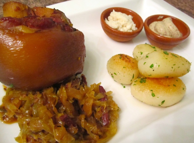 Smoked Pork Knuckles, Bavarian Style Cabbage & Sauteed Parsley Potatoes