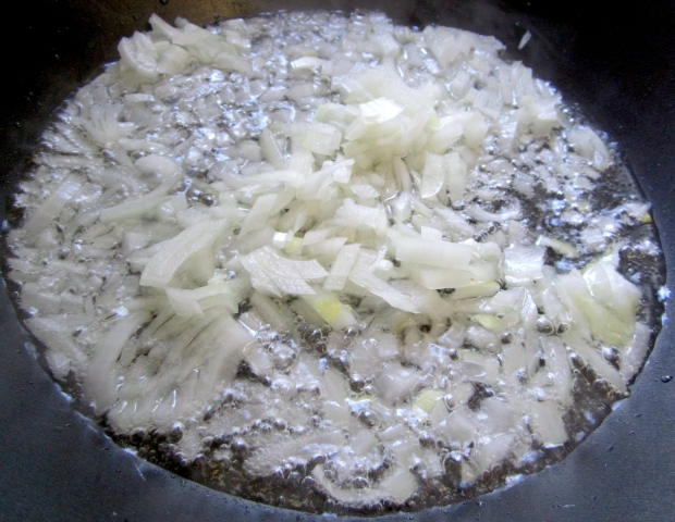 saute finely diced onions in garlic oil
