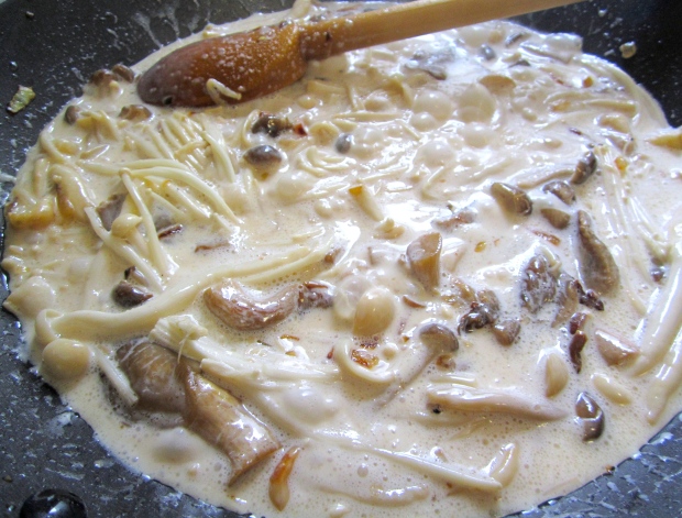 add white wine and heavy cream, simmer one minute, remove from heat, season with kosher salt and white pepper