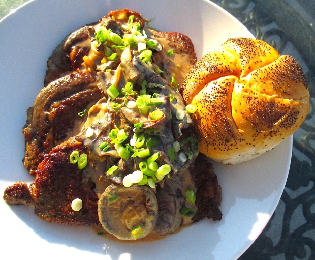 top with mushrooms, sprinkle with scallions