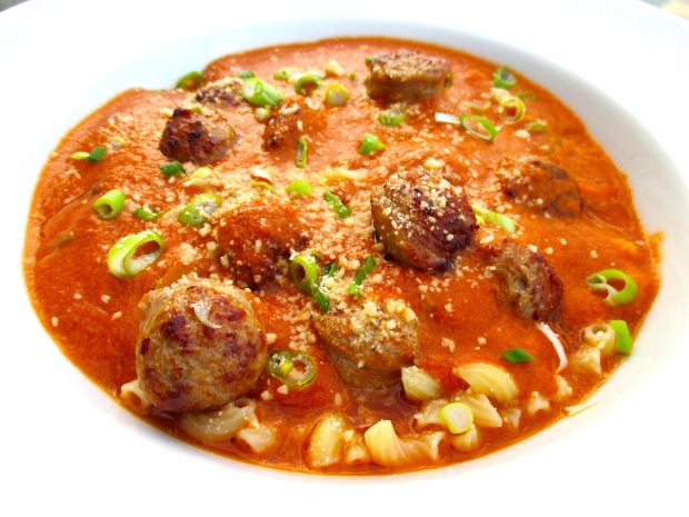 Tomato Soup With Spicy Sausage & Pasta
